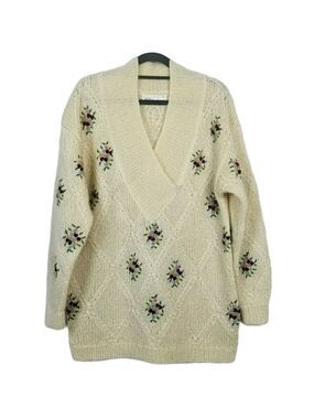 Vintage Oversized floral Wool Mohair V neck sweater sz S